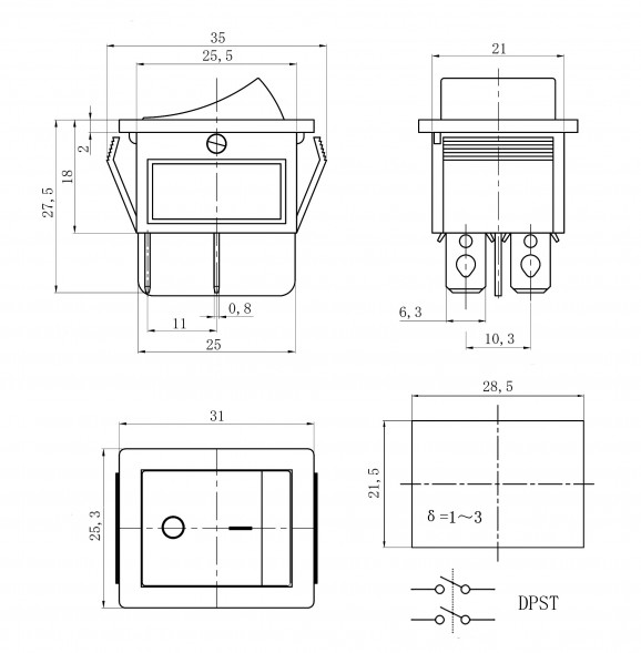 KCD4-201N-C3-G/4P on-off Переключатель клавишный (рокерный) (зеленая клавиша)
