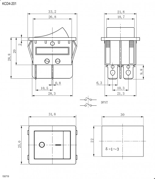 KCD4-201N-C3-R/4P on-off Переключатель клавишный (рокерный) (красная клавиша)