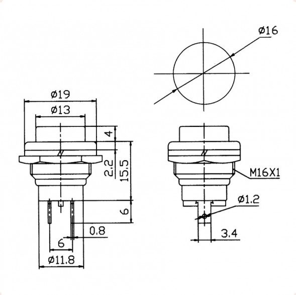 PBS-26B off-(on) красный переключатель кнопочный в корпус