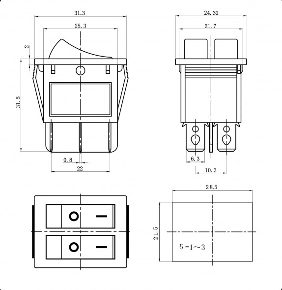 KCD4-2101N-C3-R/6P on-off Переключатель клавишный (рокерный) (две клавиши)