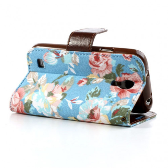 Чехол книжка с цветами для Samsung Galaxy S4 mini i9190, i9195 (Синий)