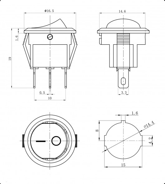 KCD5-102-2- C3-R/3P on-on Переключатель клавишный (рокерный) круглый