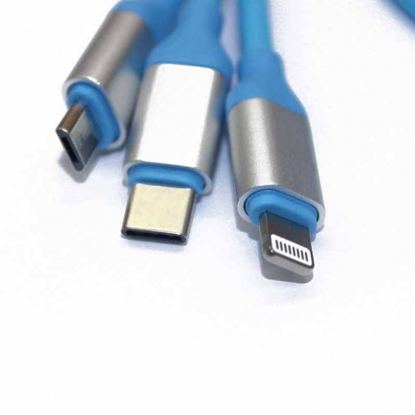 Универсальный USB Кабель 3 в 1 Type-C Lightning и MicroUSB (голубой)