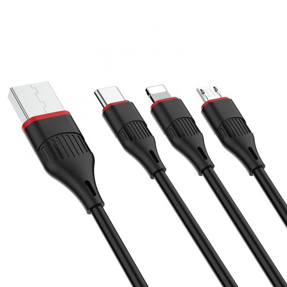 Кабель зарядки Borofone BX17 3 в 1 Lightning, MicroUSB, Type-C, 2.4A, 1м (черный)
