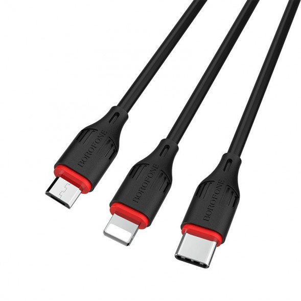 Кабель зарядки Borofone BX17 3 в 1 Lightning, MicroUSB, Type-C, 2.4A, 1м (черный)