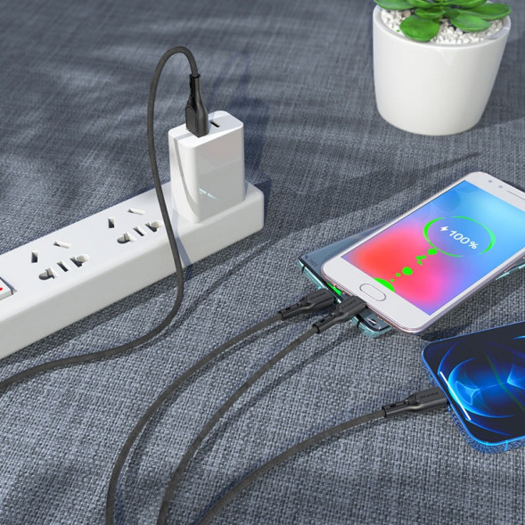 Кабель зарядки Borofone BX66 Wide way 3 в 1 Lightning, MicroUSB, Type-C, 2.4A, 1м (черный)