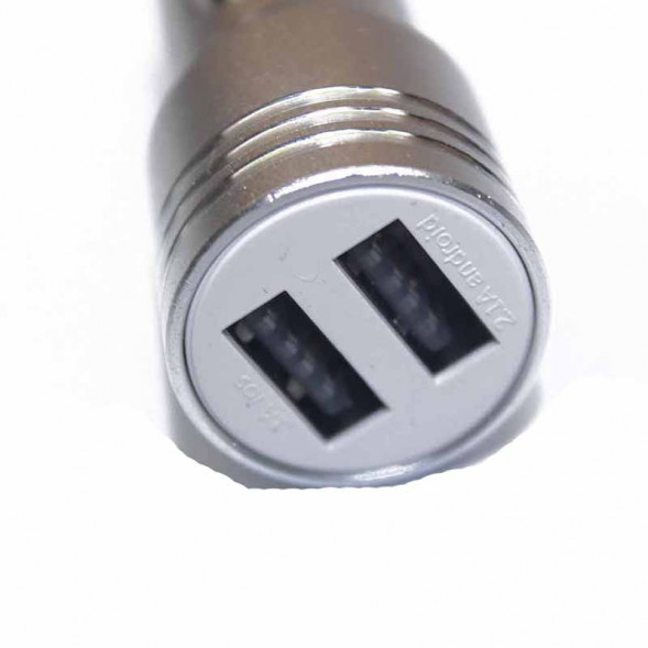Автомобильная зарядка на 2 USB выхода 2.1A в металлическом корпусе (серебро)