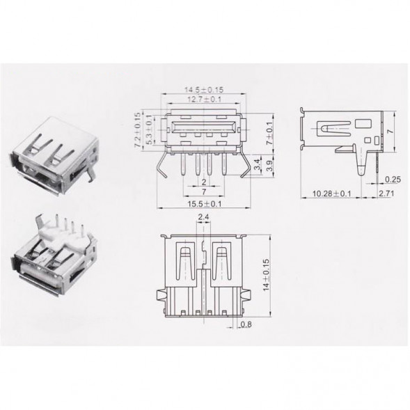 Разъем USB Типа A USB 2.0 гнездо 4 вывод(-ов) в сквозное отверстие прямой угол