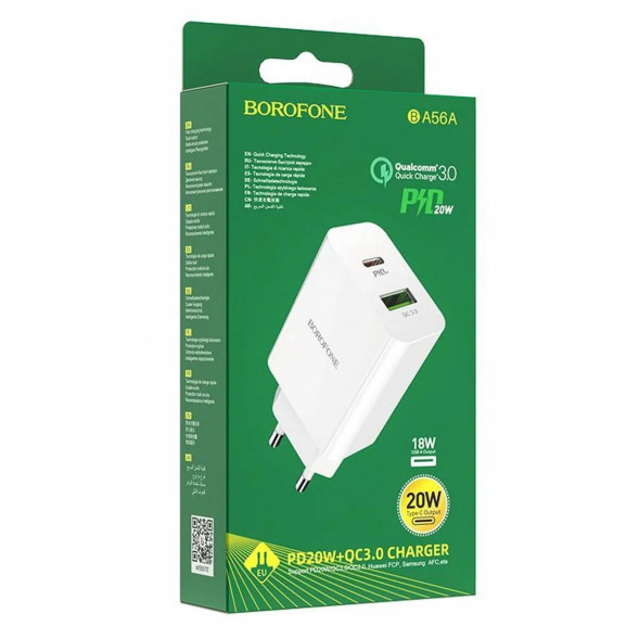 Зарядное устройство Borofone BA56A Lavida 1xUSB 1хType-C QC3.0 PD 20W (белый)