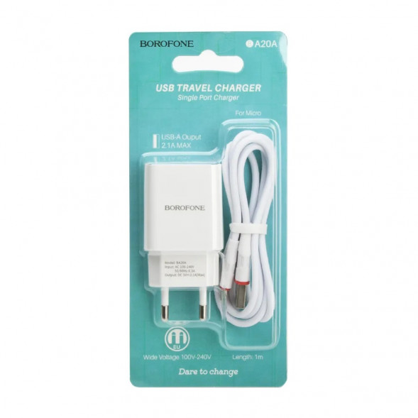 Зарядное Borofone BA20A Sharp 1xUSB, 2.1А + кабель MicroUSB 1м (белый)