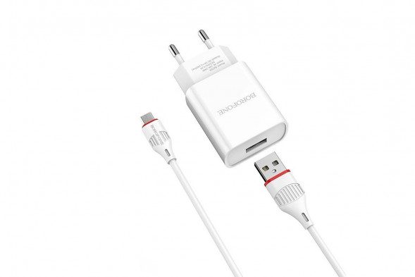 Зарядное Borofone BA20A Sharp 1xUSB, 2.1А + кабель MicroUSB 1м (белый)