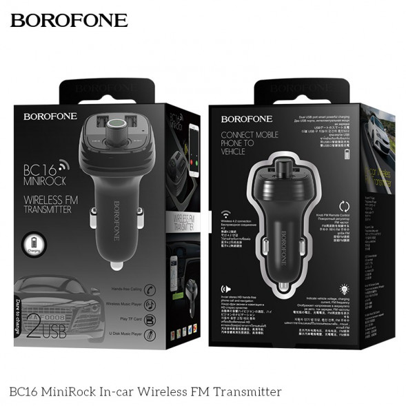 Borofone BC16 MiniRock Автомобильный FM-модулятор, трансмиттер, громкая связь Bluetooth