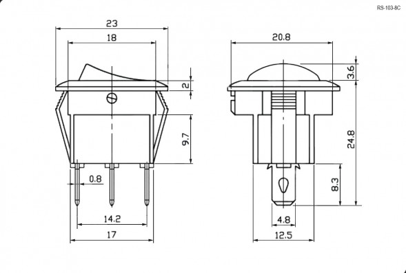 RS-103-8C ON-OFF-ON Переключатель круглый, клавишный (рокерный)