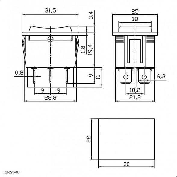 RS-223-4C (ON)-OFF-(ON) Переключатель клавишный (рокерный)